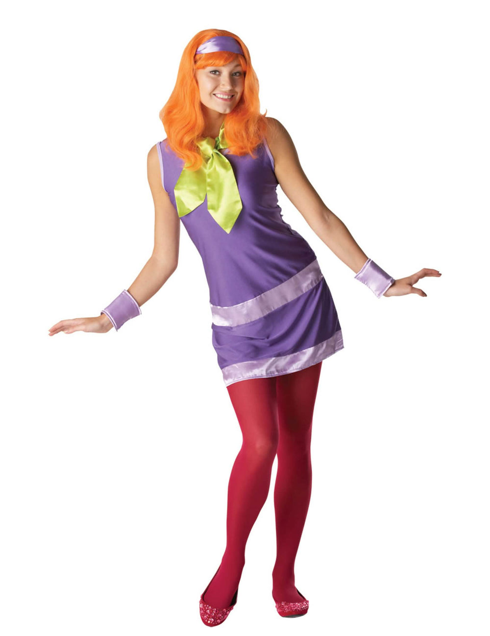Fato de Daphné Scooby-doo™ para mulher roxo com lenço verde e peruca ruiva
