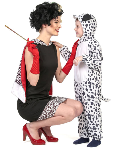 Fato de duo de mulher cruel e dálmata para mãe e filho
