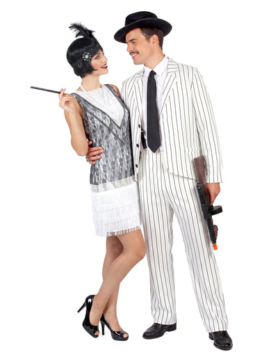 Disfarce de casal gangster branco e charleston branco adulto