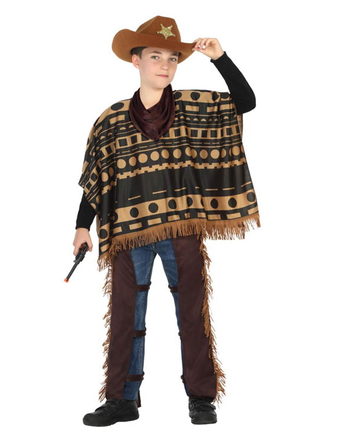 Fato de cowboy com poncho para menino castanho e preto com padrões e chapéu