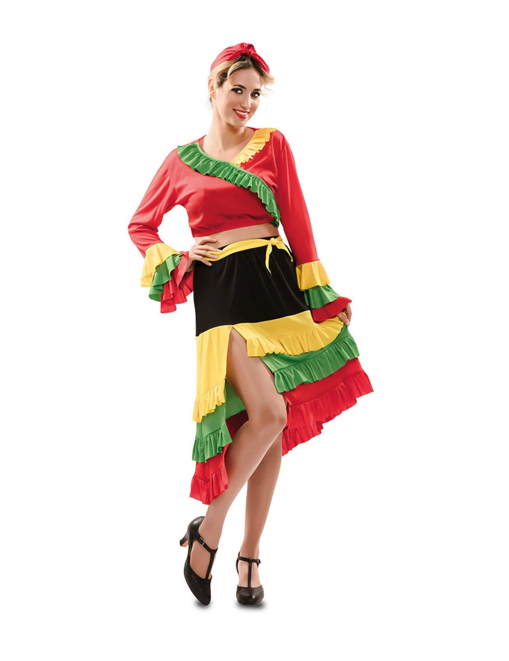 Disfarce de dançarina de rumba para mulher vermelho amarelo verde e preto com folhos