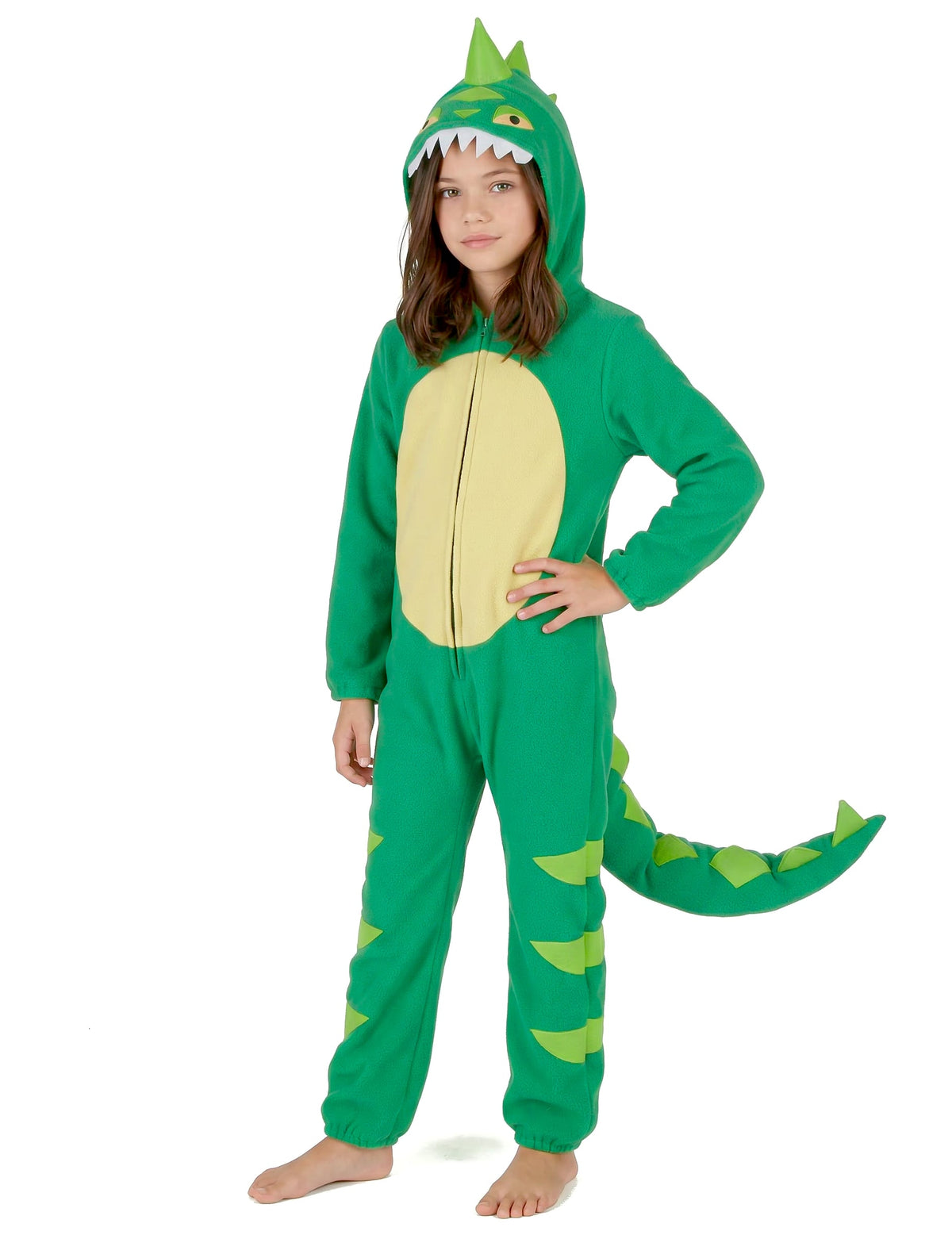Vue de face avec main sur la hanche du déguisement de dinosaure pour enfant