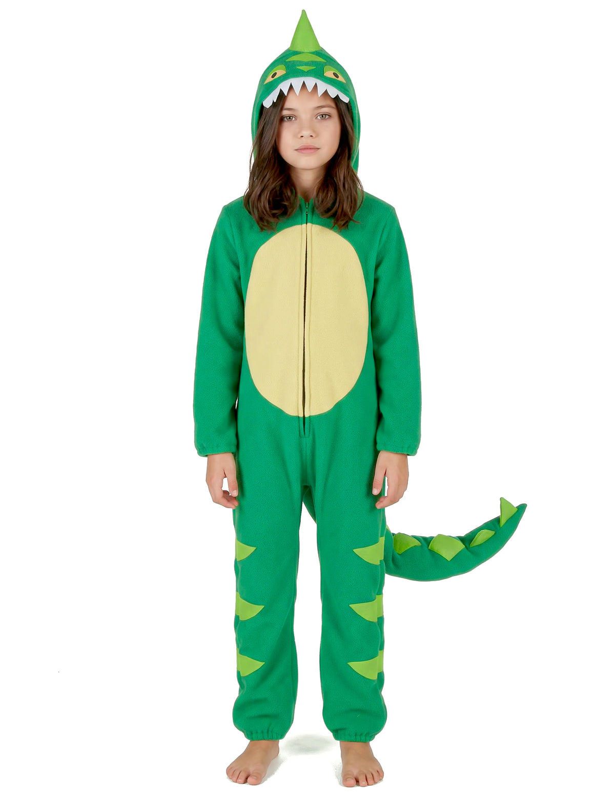 Vue de face avec capuche du déguisement de dinosaure pour enfant