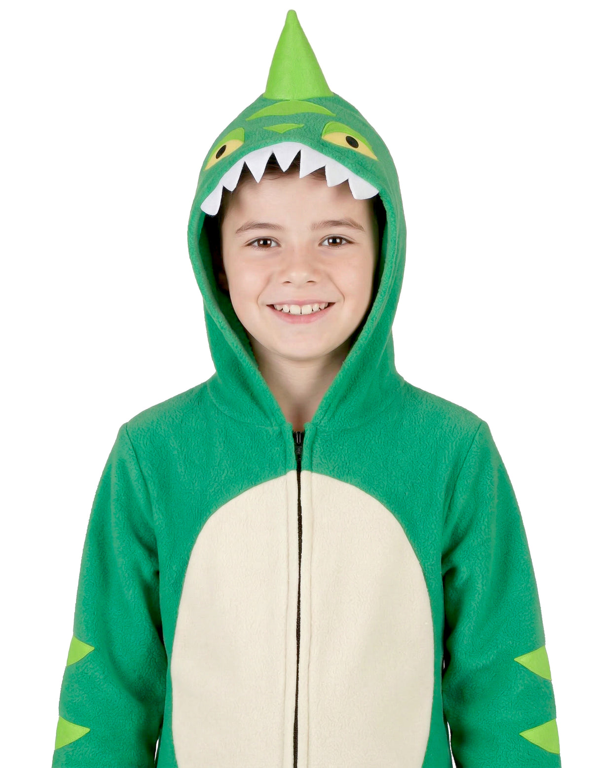 Gros plan sur la capuche du déguisement de dinosaure pour enfant