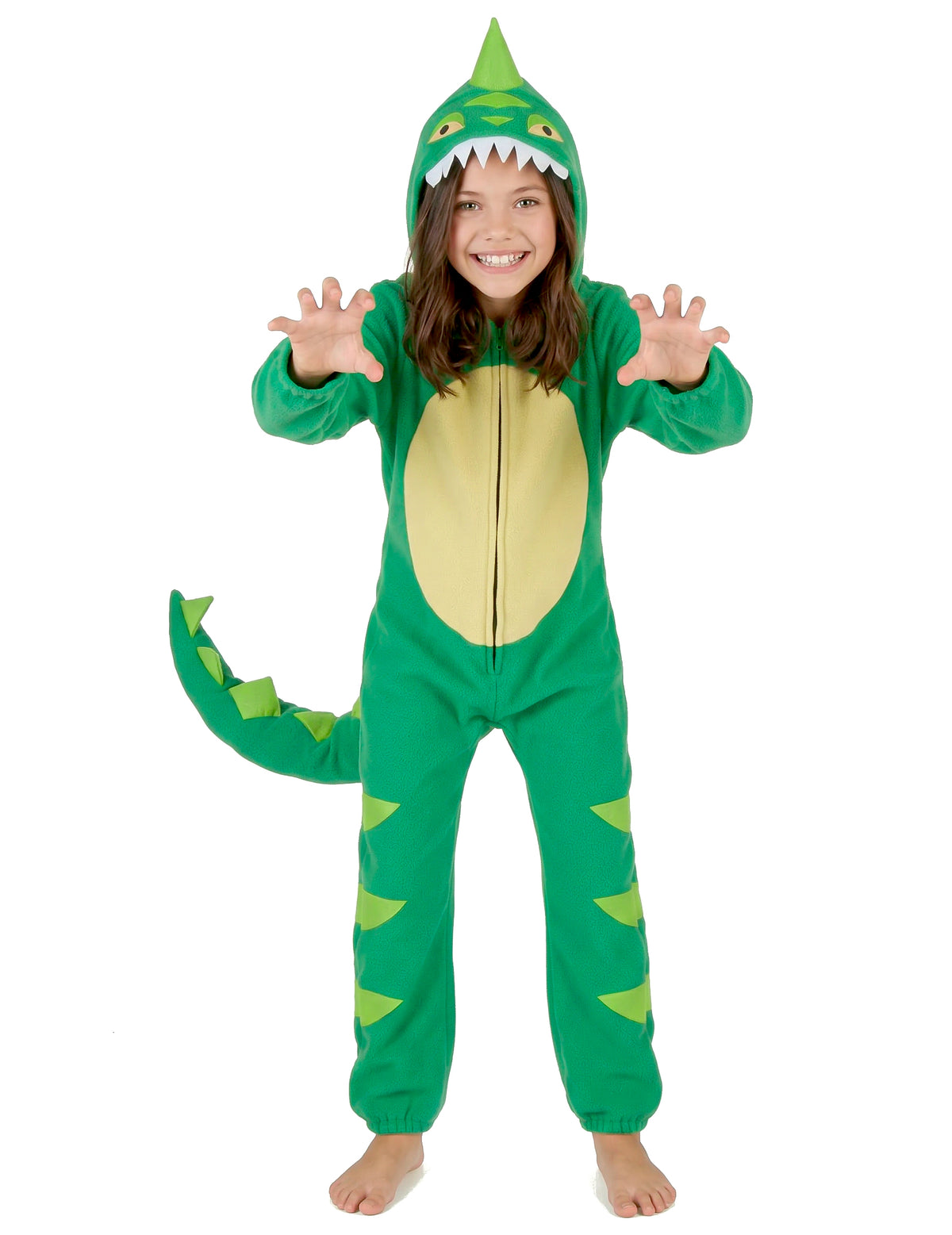 Vue de face avec capuche du déguisement de dinosaure pour enfant
