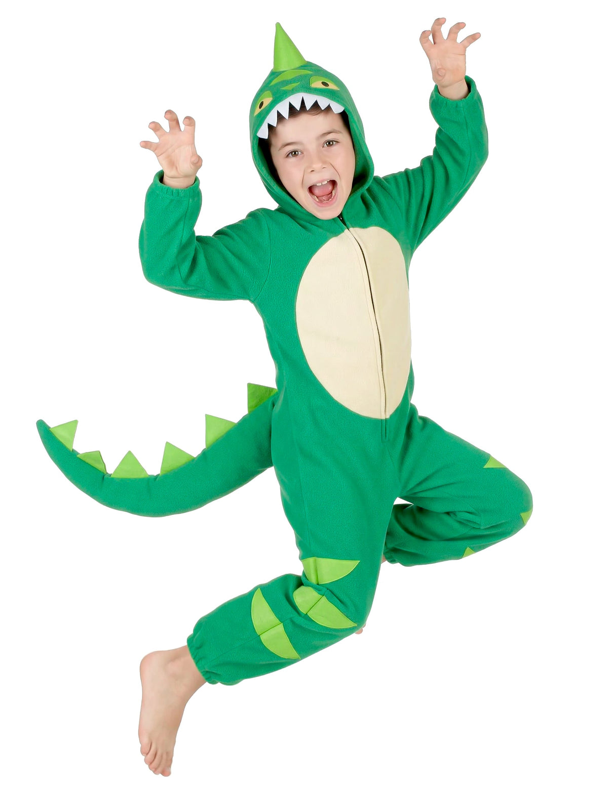 Vue de profil montrant la queue du déguisement de dinosaure pour enfant