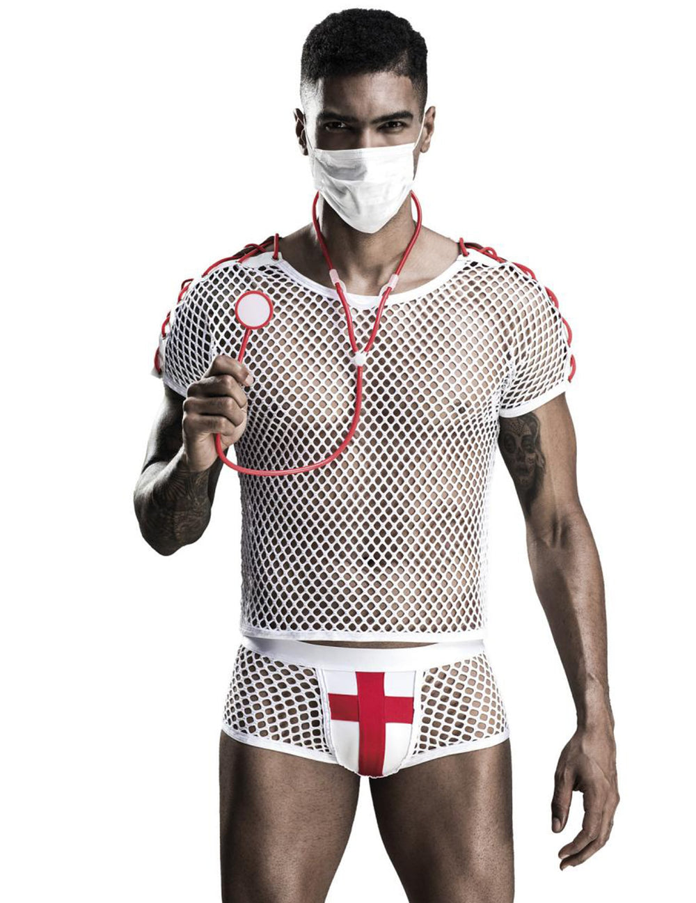 Déguisement de docteur sexy luxe pour homme blanc en résille avec stéthoscope rouge
