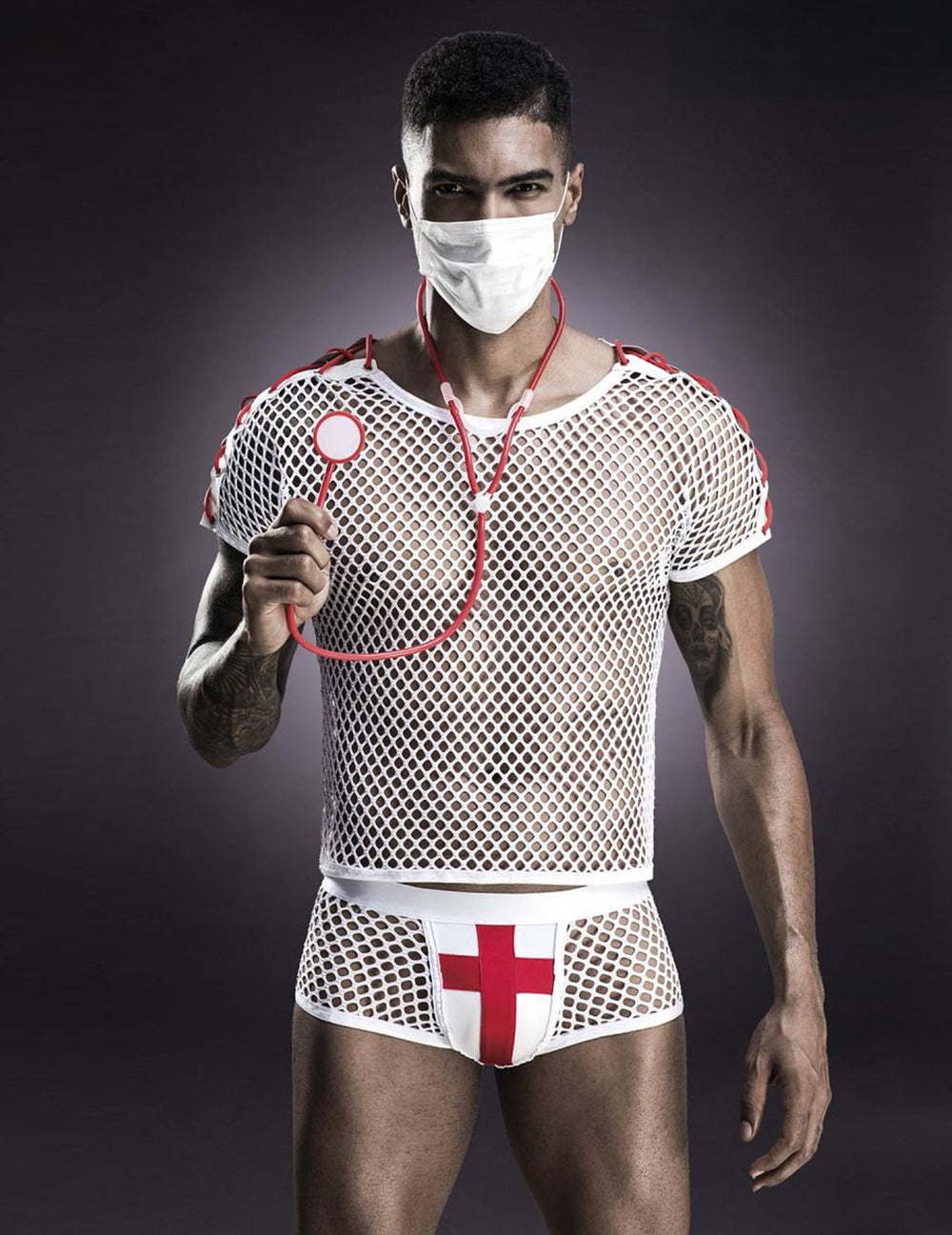 Vue de face avec masque et stéthoscope du déguisement de docteur sexy luxe pour homme