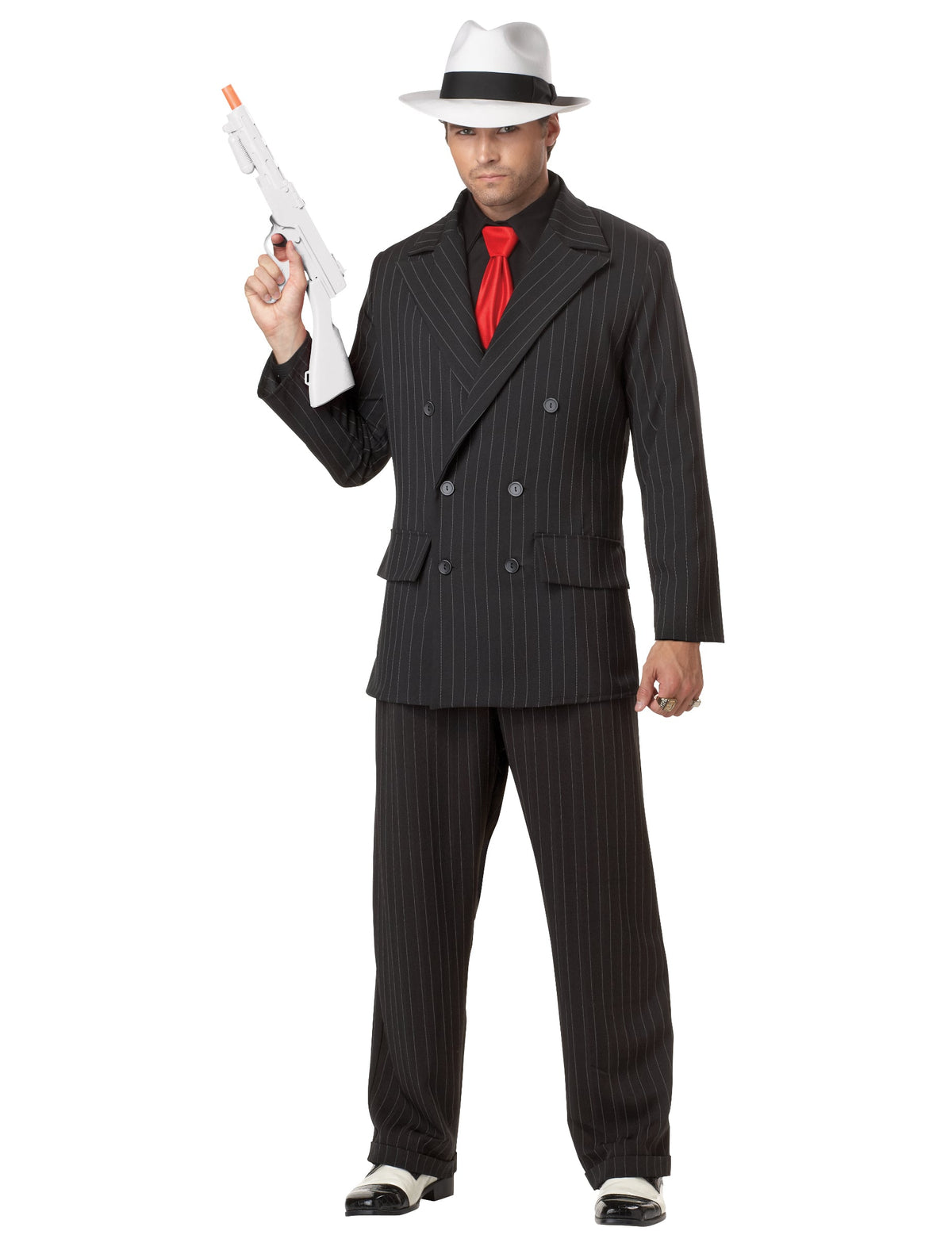 Déguisement de Gangster pour homme noir à rayures avec cravate rouge et chapeau blanc