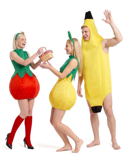 Divertida fantasia de grupo de banana e frutas para adulto