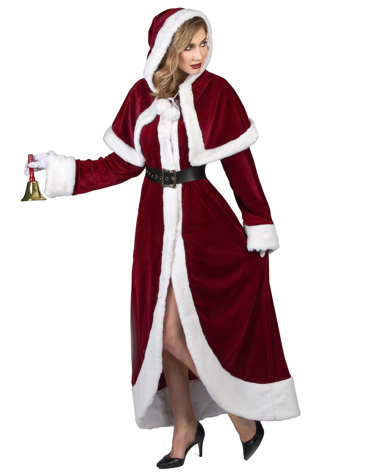 Clochette dorée tenue à la main du déguisement de Mère Noël Super Luxe