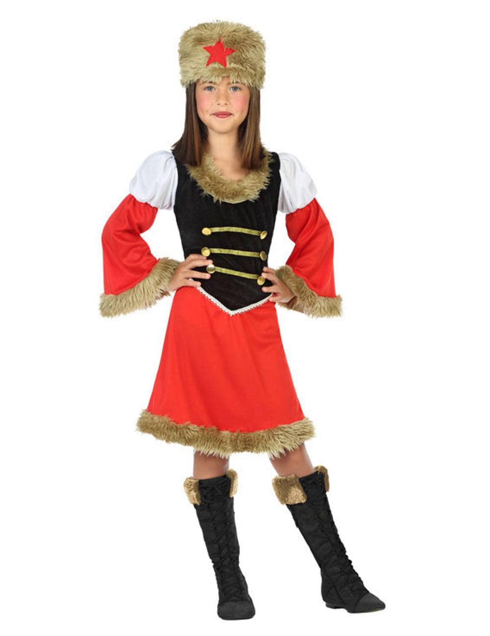 Déguisement militaire armée russe pour fille rouge et noir avec toque en fourrure