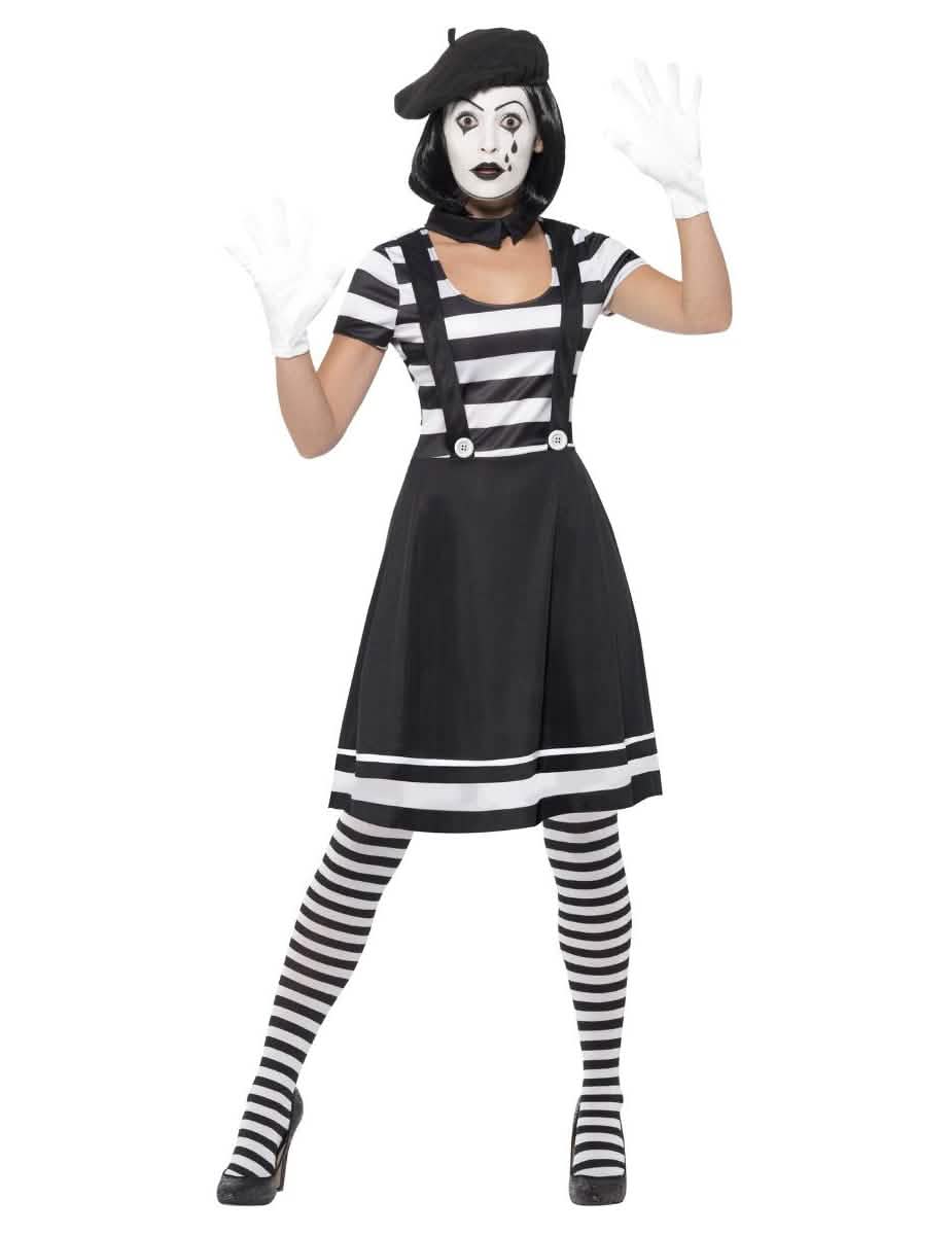 Fato de mimo com maquilhagem para mulher black and white com saia e boina