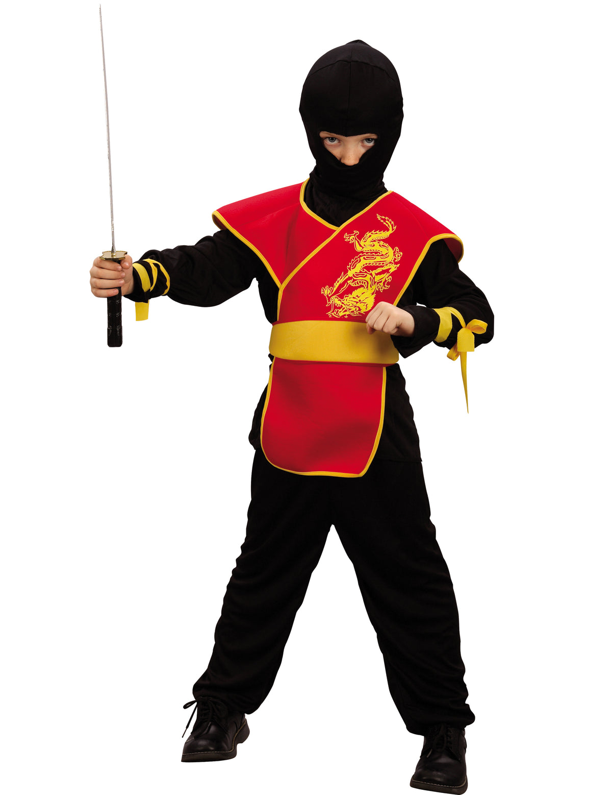 Déguisement ninja tunique pour garçon noir et rouge avec dragon jaune