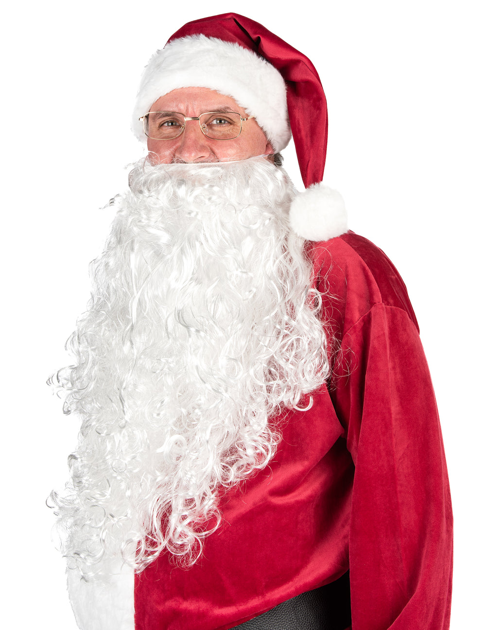 Gros plan sur la barbe et le bonnet du déguisement de Père Noël