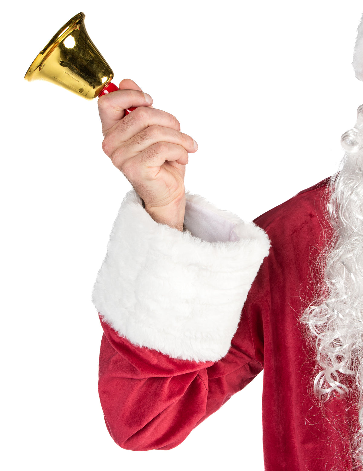 Cloche dorée tenue par la main du déguisement de Père Noël