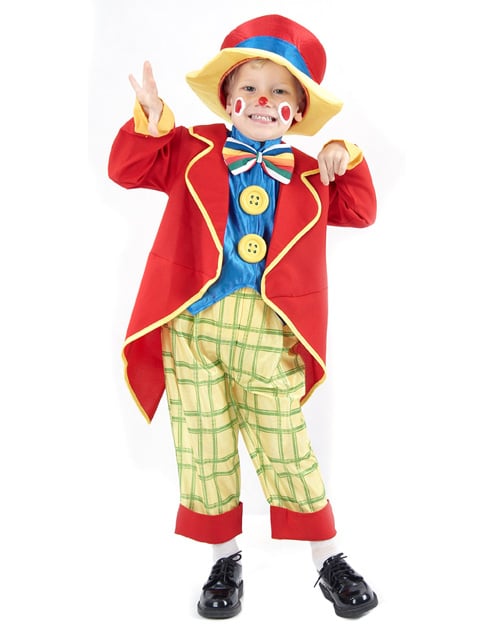 Déguisement clown coloré pour garçon avec veste rouge pantalon à carreaux jaune et chapeau