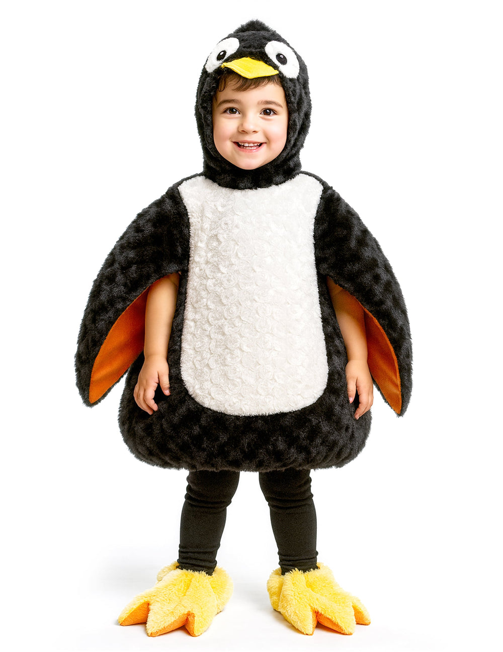Déguisement de pingouin peluche pour enfant noir et blanc avec pattes jaunes