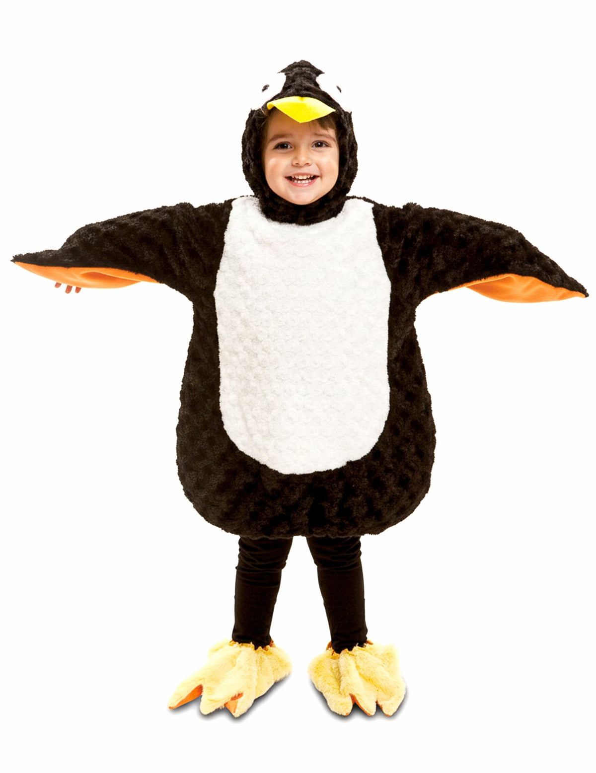 Vue de face bras écartés du déguisement de pingouin peluche