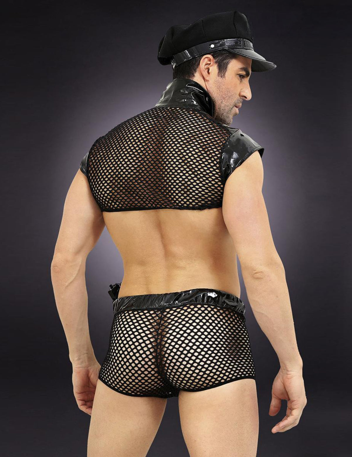 Vue de dos de la tenue en résille du déguisement de policier sexy luxe pour homme