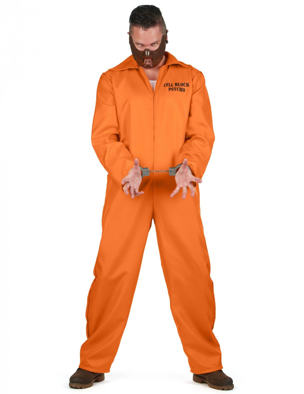 Fato de prisioneiro canibal para homem cor de laranja com máscara e algemas