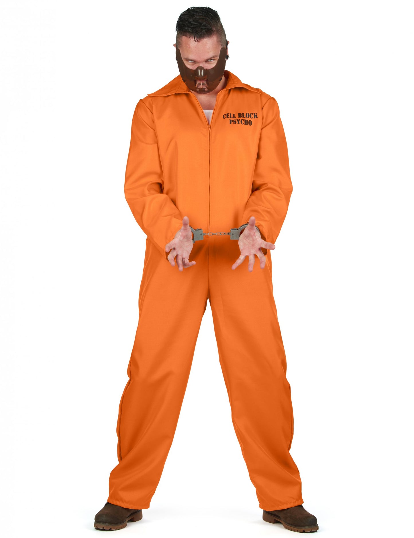 Déguisement de prisonnier cannibale pour homme orange avec masque et menottes