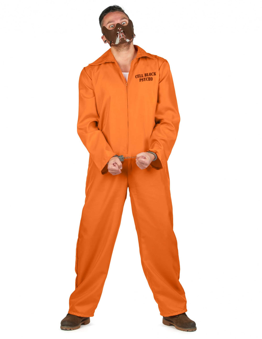 Fato de prisioneiro canibal para homem cor de laranja com máscara e algemas