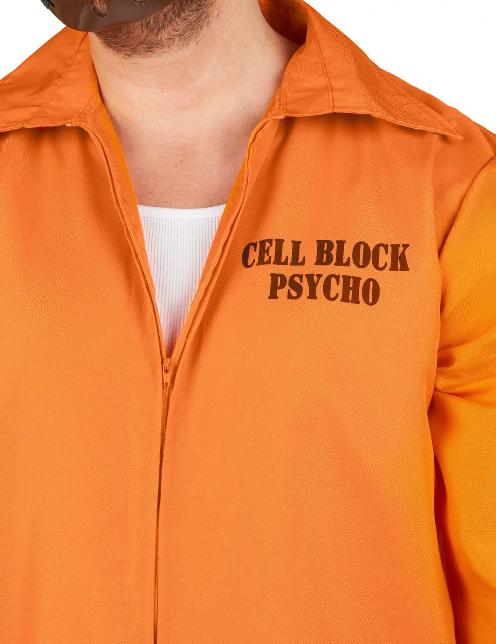 Detalhe da inscrição Cell Block Psycho do fato de prisioneiro canibal