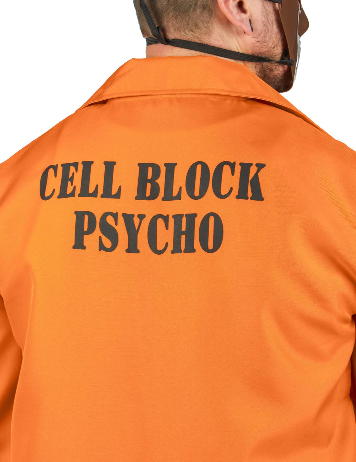Vista de trás com a inscrição Cell Block Psycho do disfarce de prisioneiro canibal