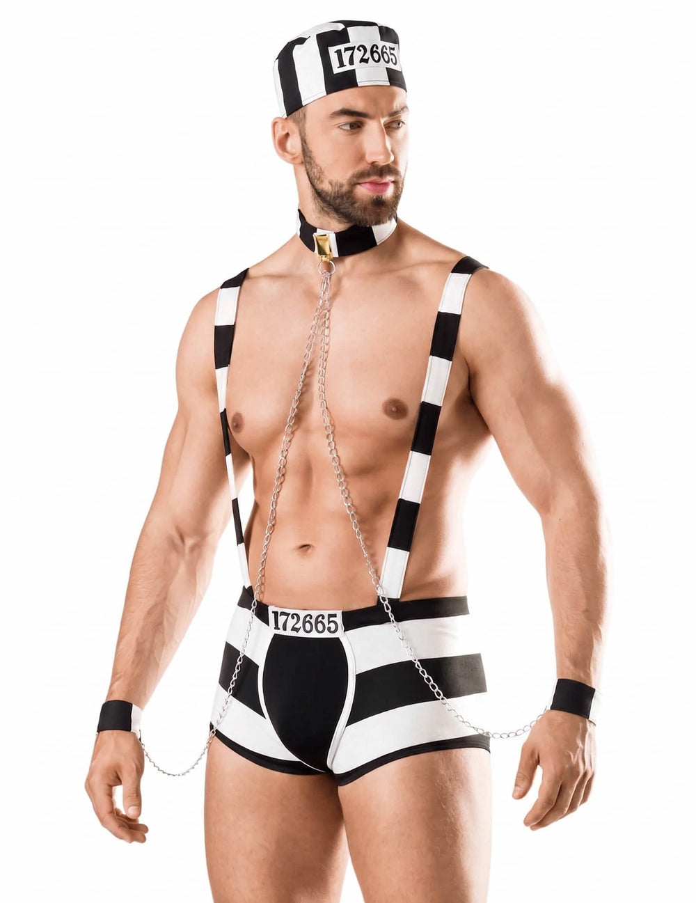 Déguisement de prisonnier sexy luxe pour homme rayé noir et blanc avec chaînes