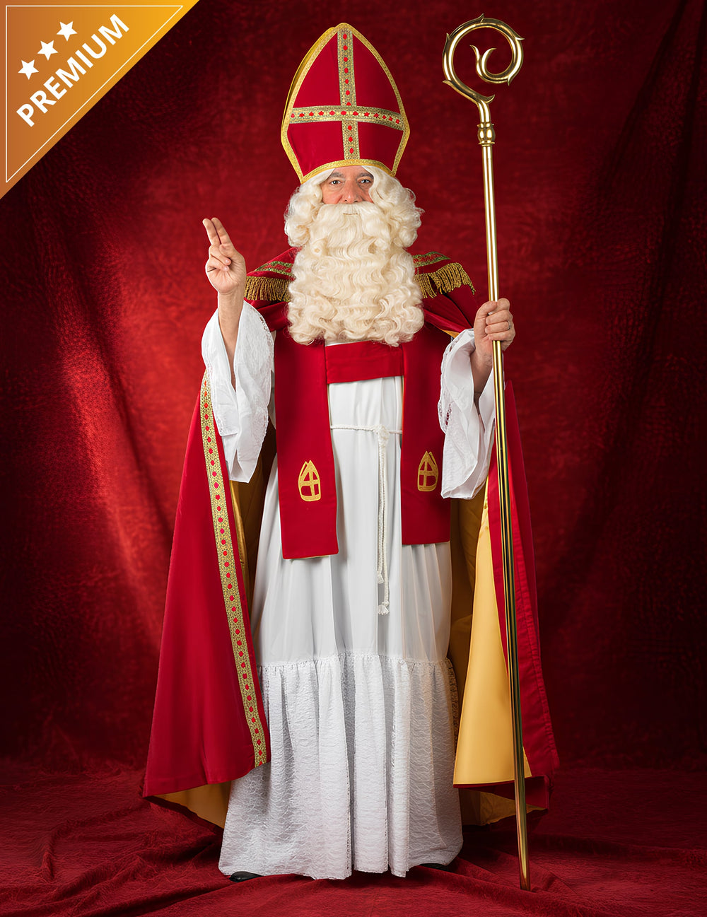 Déguisement de Saint-Nicolas Haut de Gamme pour adulte rouge et blanc avec mitre et crosse