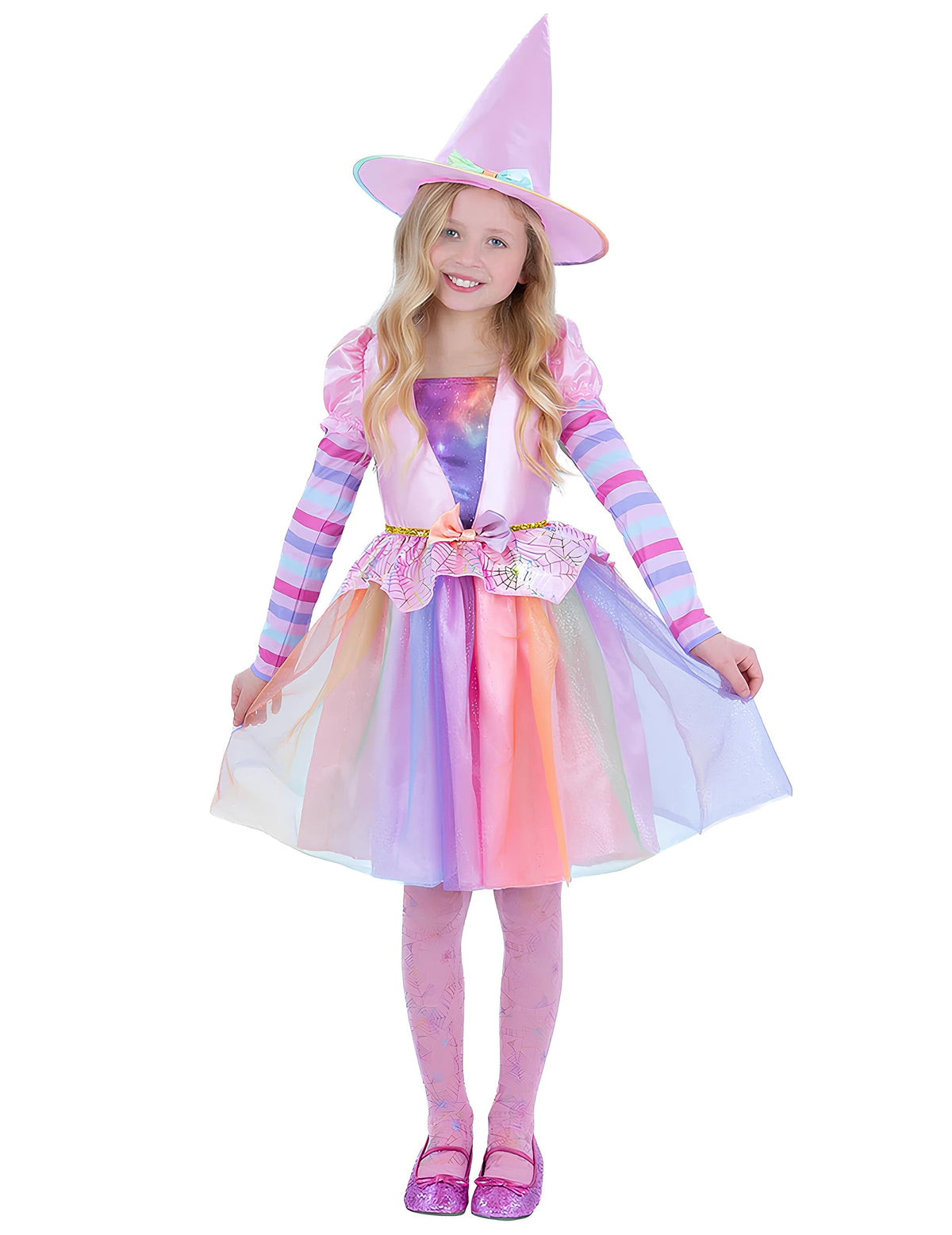 Déguisement de sorcière Arc-en-ciel Pastel pour fille rose et multicolore avec chapeau