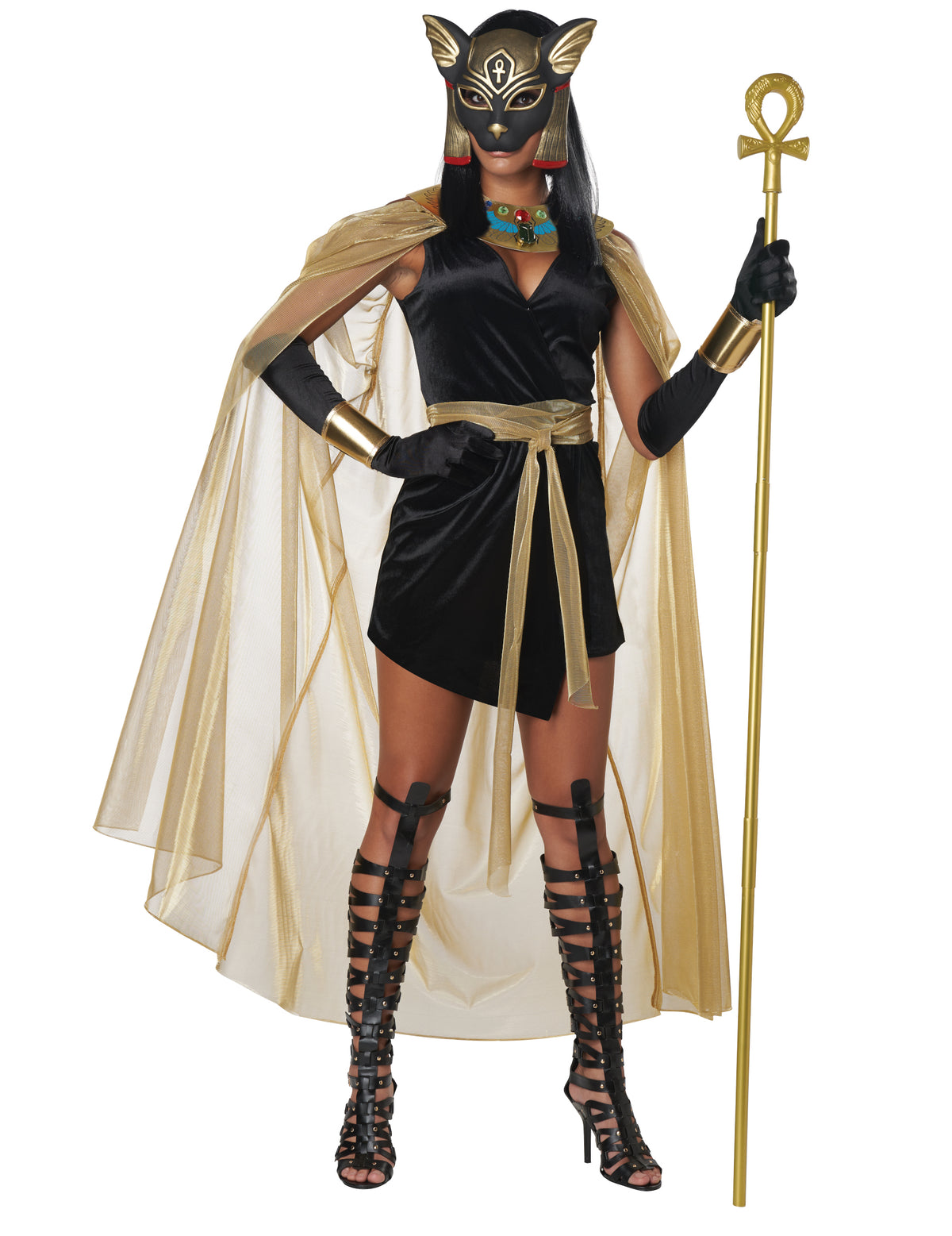 Déguisement déesse féline de l'Egypte luxe pour femme noir et doré avec cape et masque de chat