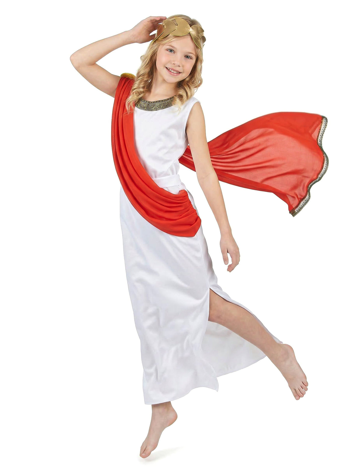 Déguisement de déesse romaine pour fille blanc à drapé rouge