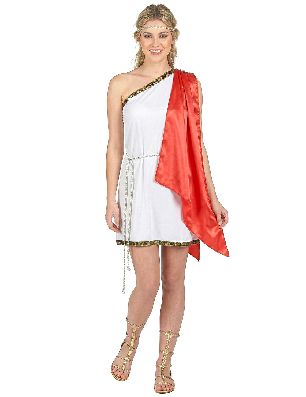 Déguisement de déesse romaine courte pour femme blanc et rouge avec bandeau doré