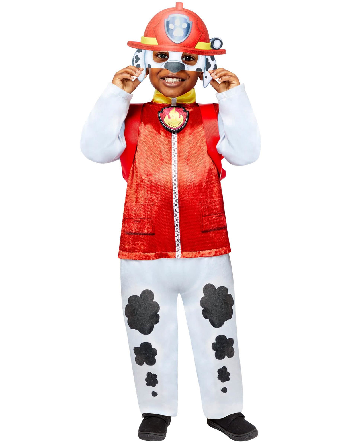 Fato de luxo Marcus Patrulha Pata para criança vermelho e branco com capacete e mochila