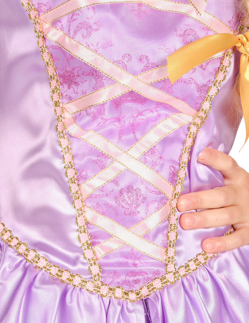 Détail du laçage et des motifs pailletés du bustier du déguisement deluxe Raiponce™ pour fille