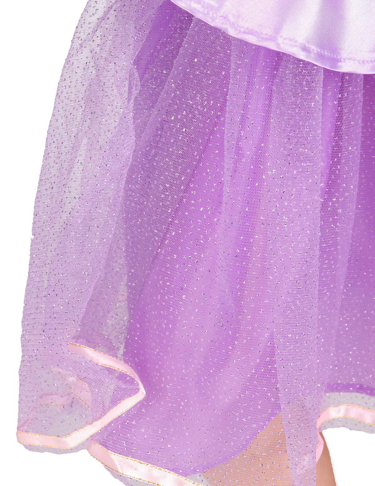 Gros plan sur le jupon en tulle pailleté du déguisement deluxe Raiponce™ pour fille