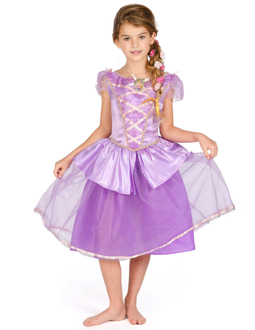 Déguisement deluxe Raiponce™ pour fille violet avec détails dorés et jupon pailleté