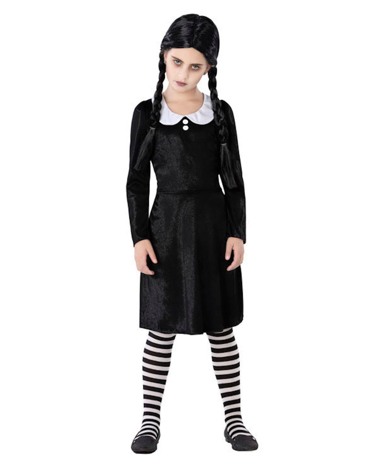 Déguisement famille morbide pour fille noir et blanc avec col Claudine
