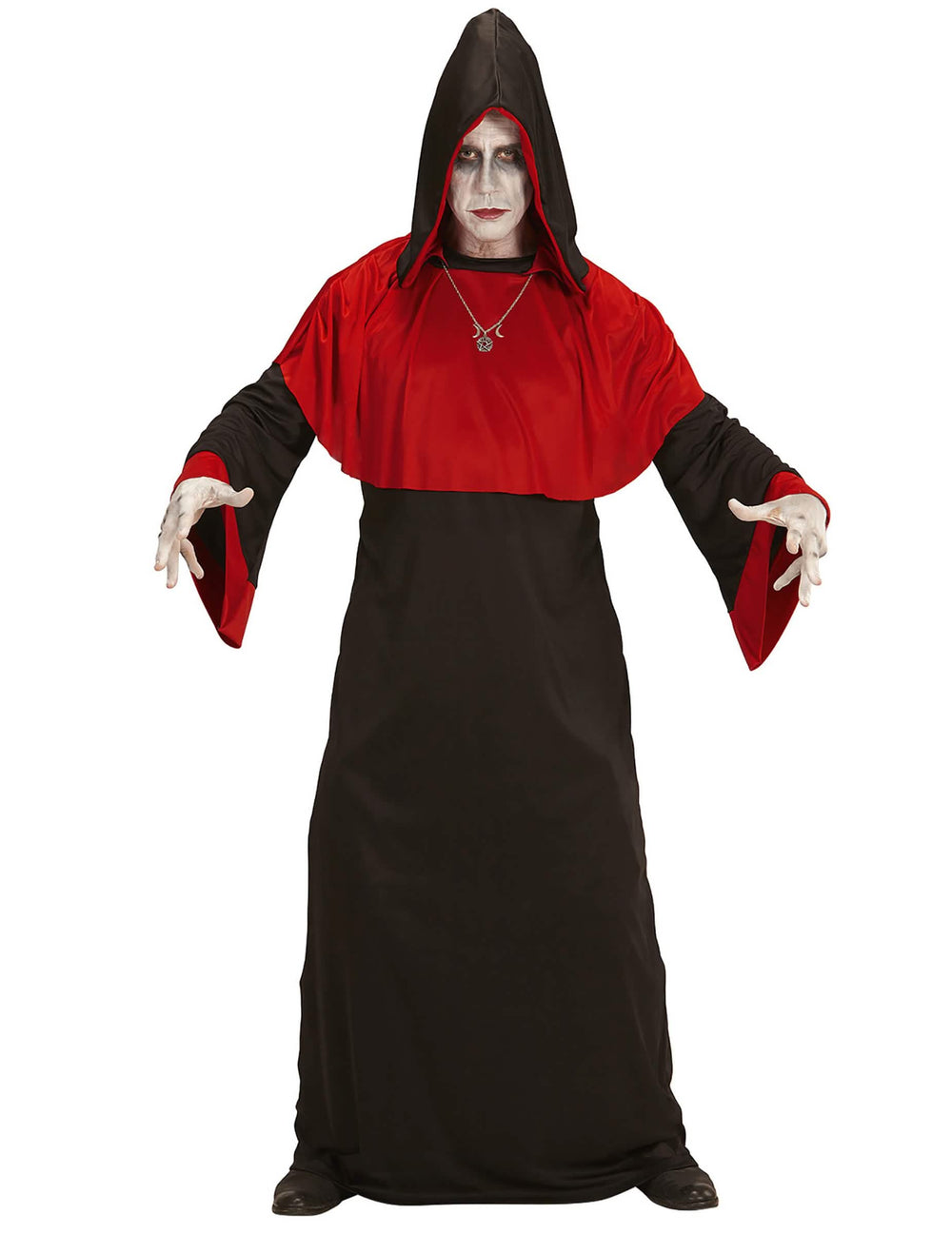 Fato de demónio do apocalipse para adulto preto e vermelho com capuz e colar
