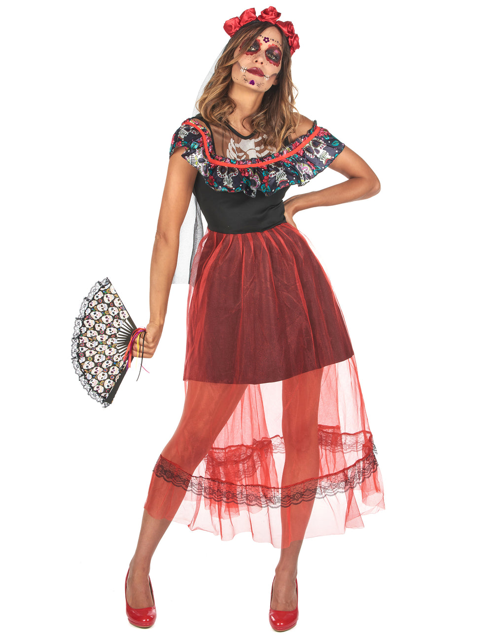 Déguisement Dia de los Muertos pour femme noir et rouge avec voile et fleurs