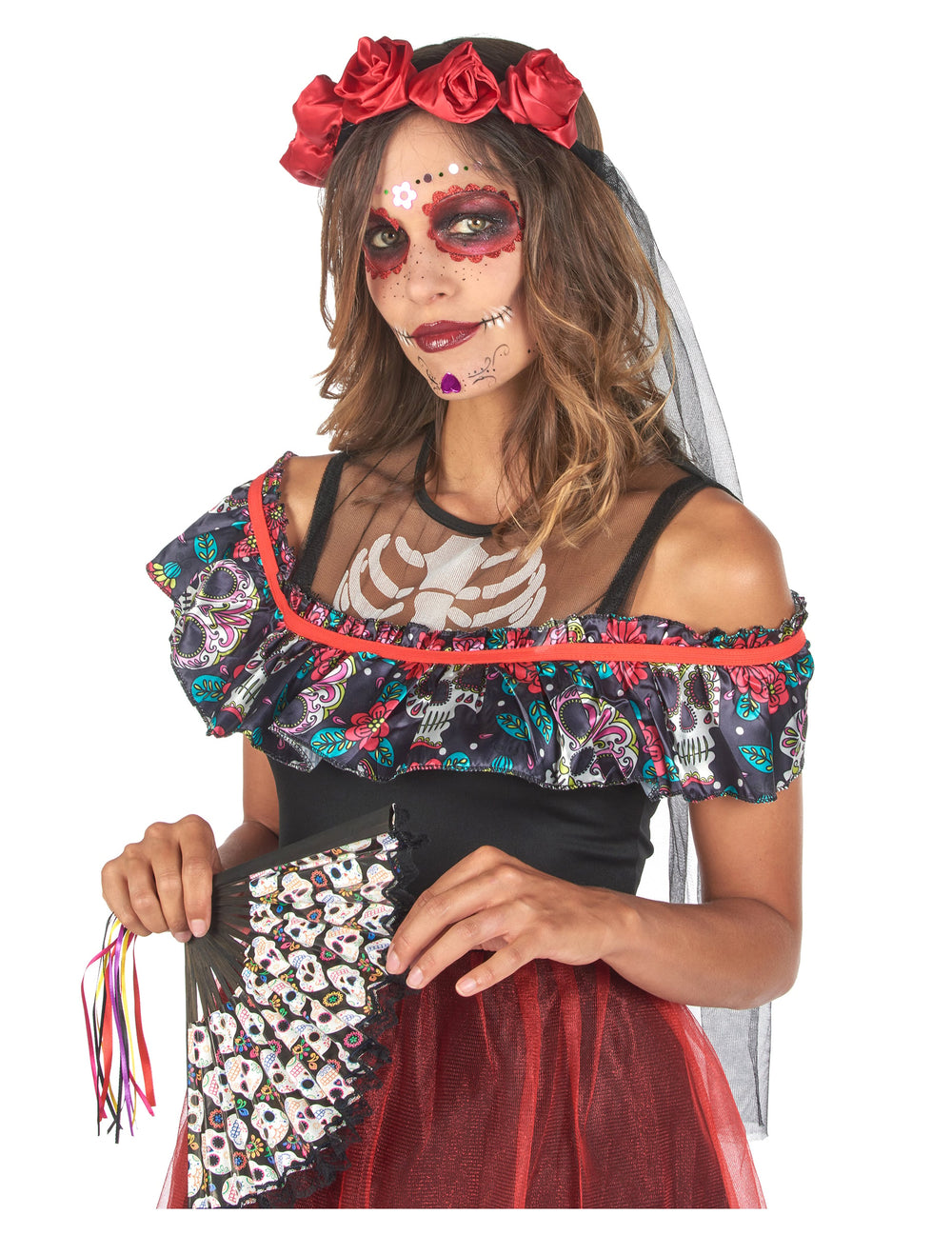 Éventail à motifs de têtes de mort du déguisement Dia de los Muertos pour femme