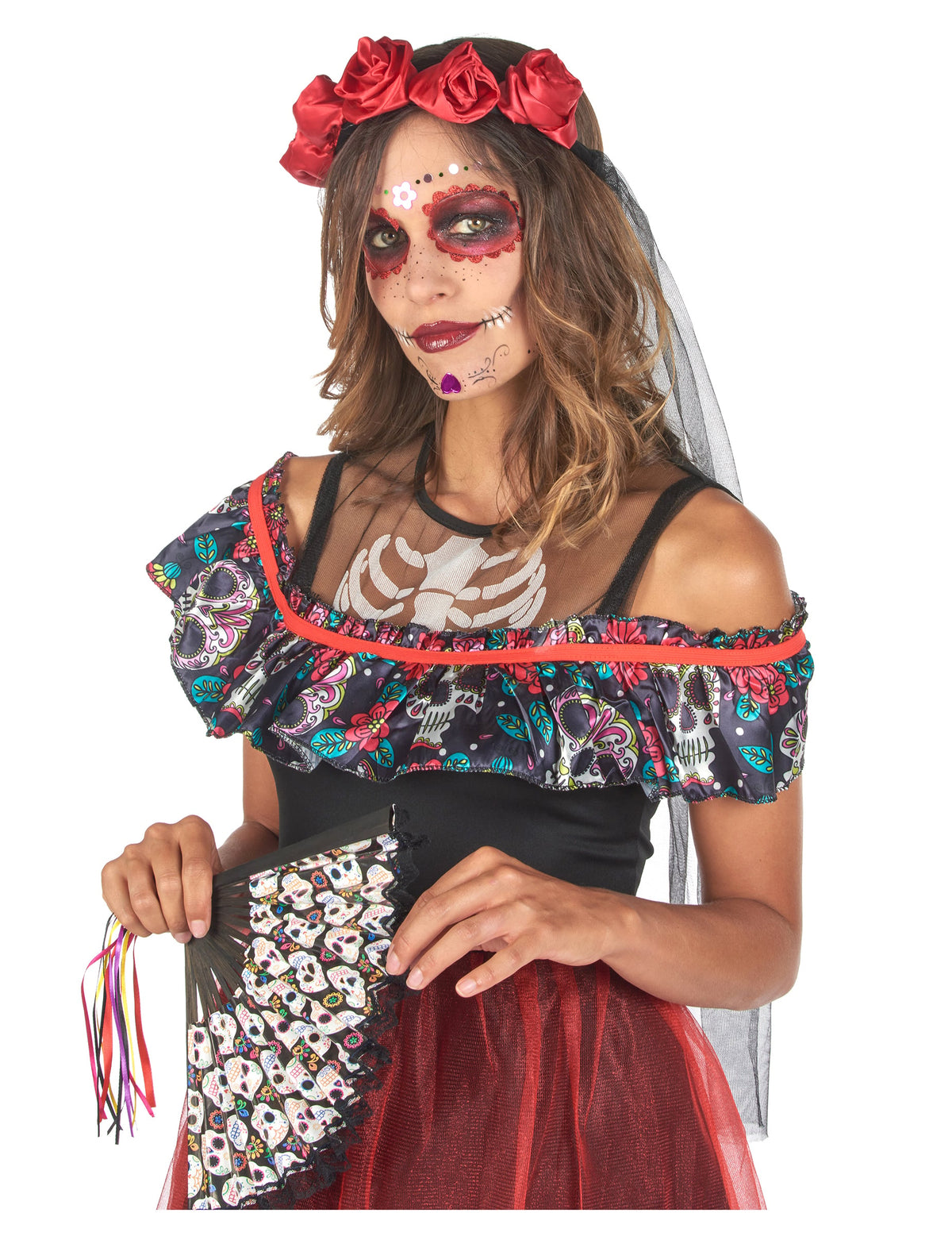 Éventail à motifs de têtes de mort du déguisement Dia de los Muertos pour femme