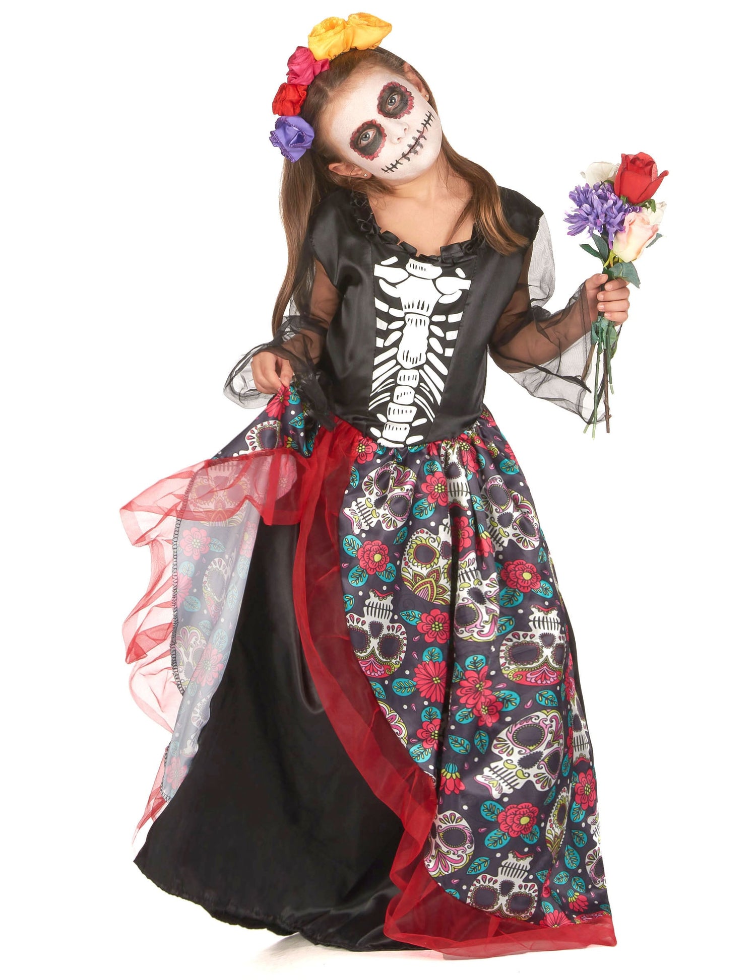 Déguisement Dia de los muertos fleuri pour fille noir à motifs de crânes et fleurs colorées