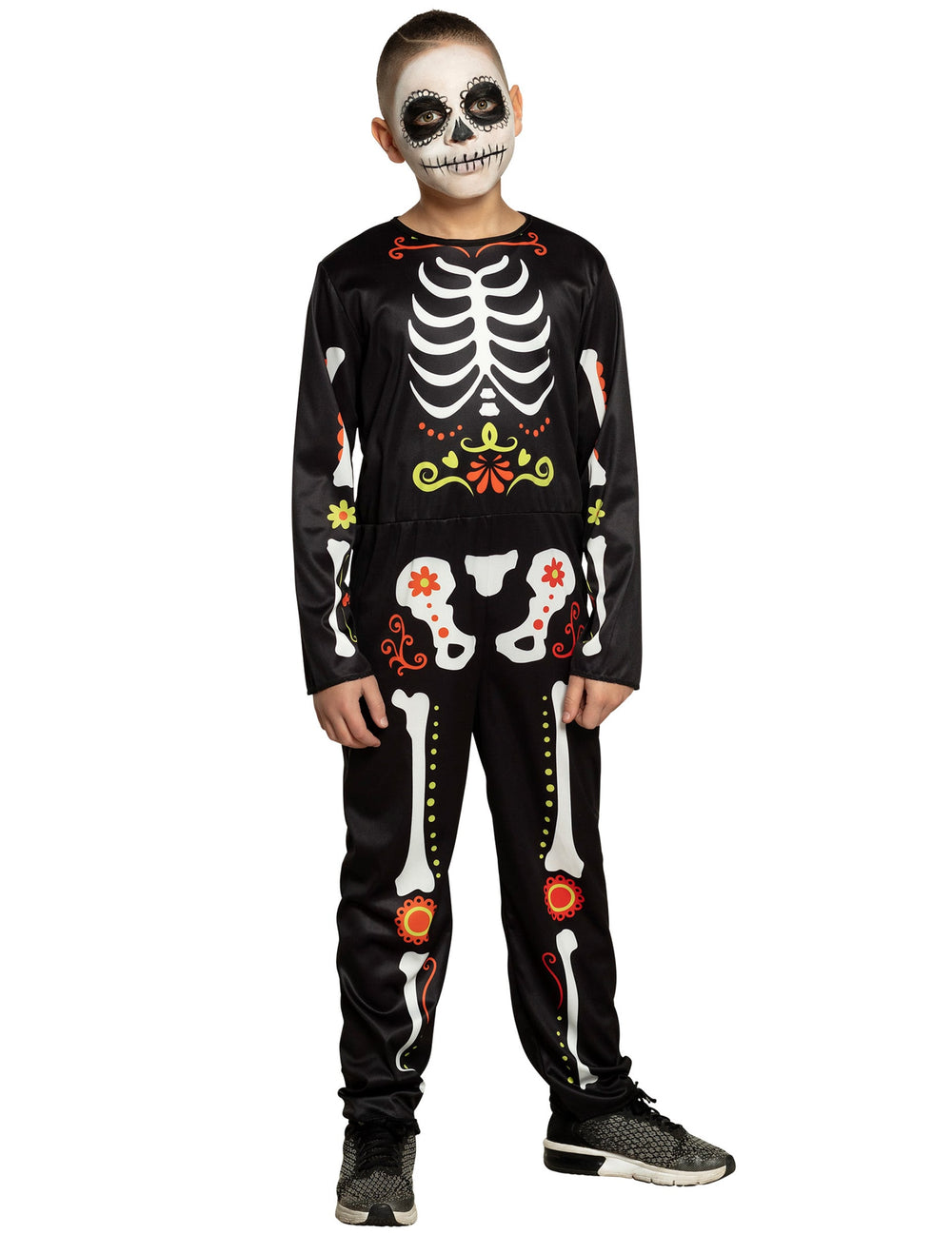 Déguisement dia de los muertos pour garçon noir avec motifs squelette colorés