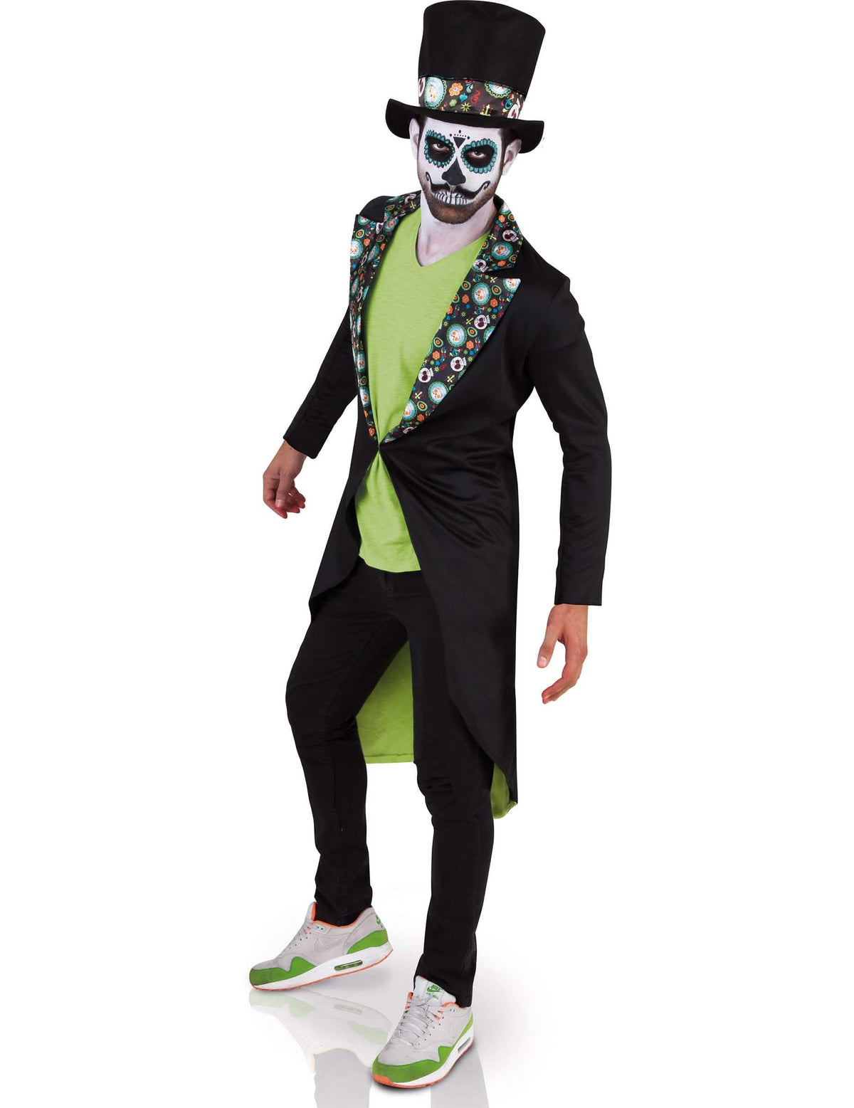 Fato Dia de los muertos para homem preto e verde com chapéu alto-de-forma