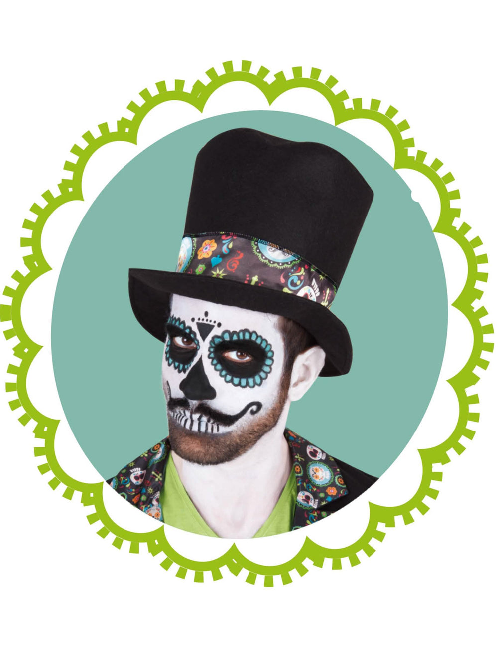Grande plano da maquilhagem e do chapéu-de-coco do disfarce Dia de los muertos para homem
