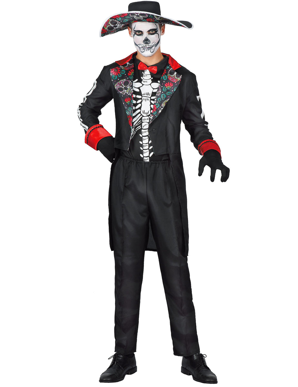 Déguisement dia de los muertos pour homme noir avec motifs de squelette et fleurs colorées