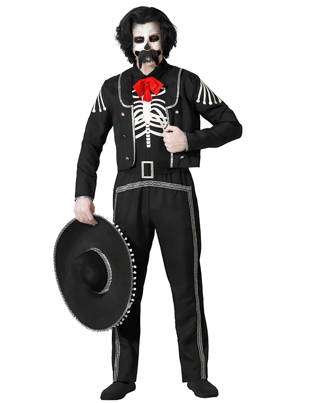 Déguisement Dia de los muertos pour homme noir avec motifs squelette et sombrero